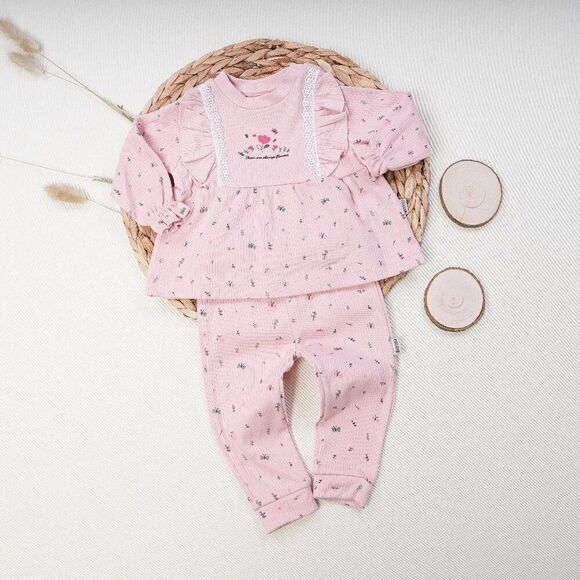 Dreamline Baby Other - Ribbed Cotton Baby Girl Tunic Set - Flowers PINK
